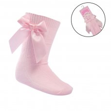 S141-P-06: Pink Knee Length Socks w/Bow (0-6 Months)